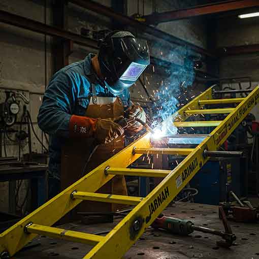 Welder fabricating fire ladder