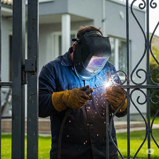 Welder repairing wrought iron gate