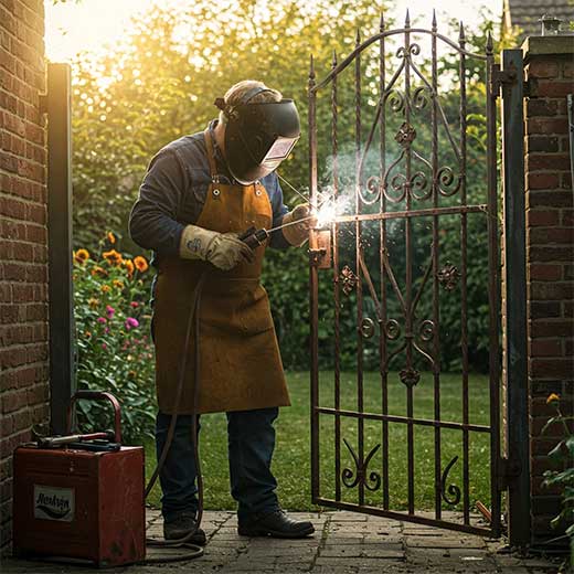 Welder welding iron gate onsite